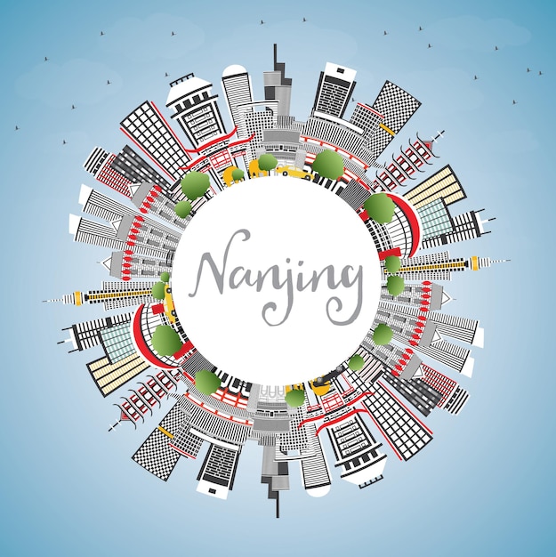 Nanjing China Skyline Z Szarymi Budynkami, Błękitnym Niebem I Przestrzenią Do Kopiowania. Ilustracja Wektorowa. Podróże Służbowe I Turystyka Ilustracja Z Nowoczesną Architekturą. Gród Nankin Z Zabytkami.