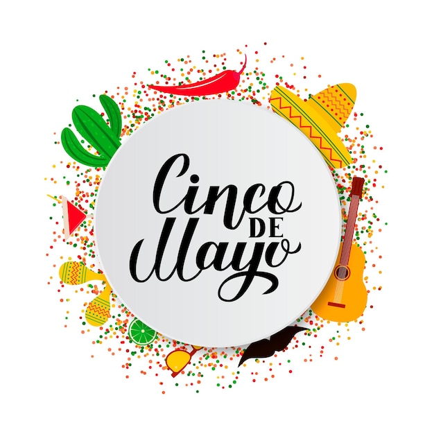 Plik wektorowy napis cinco de mayo na papierowym talerzu z tradycyjnymi meksykańskimi symbolami sombrero gitara pieprz kaktus marakasy łatwy do edycji szablon zaproszenia na imprezę baner plakat ulotka z życzeniami