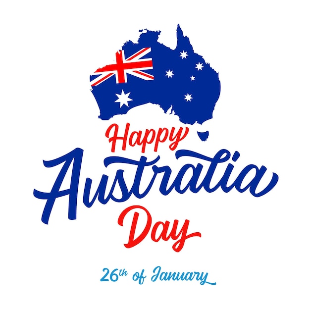 Napis Happy Australia Day. Mapa Australii Z Flagą I Tekstem. Ilustracja Wektorowa