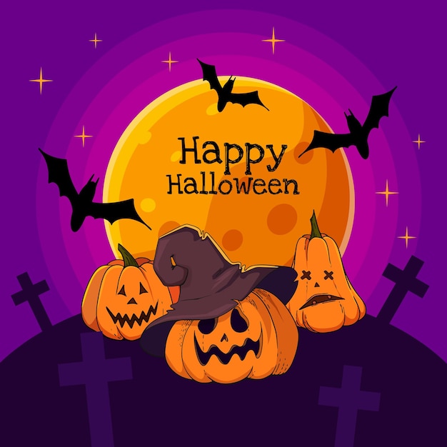 Napis happy halloween dynie z grymasami na cmentarzu nietoperze nga na tle księżyca w pełni