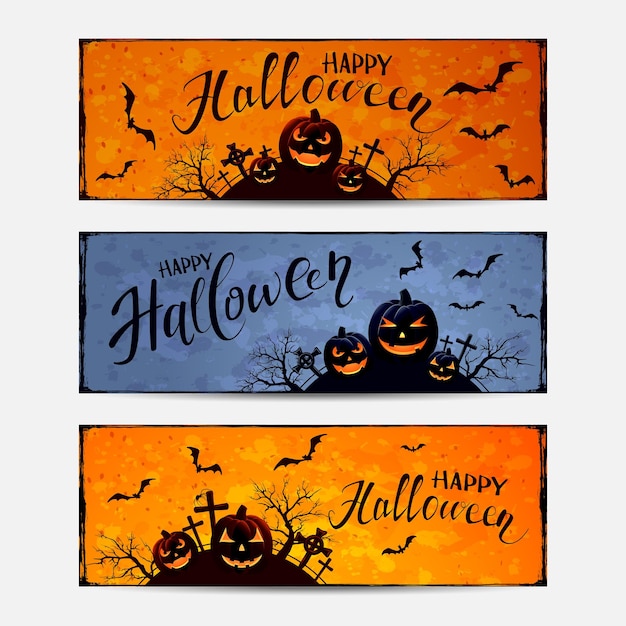 Napis Happy Halloween na banerach z nietoperzami i dyniami na cmentarzu pomarańczowym i niebieskim tle ilustracja