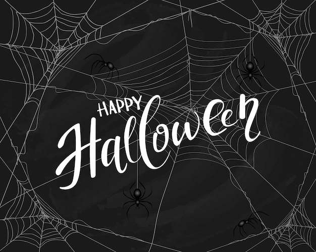Napis Happy Halloween na czarnym tle z pajęczynami