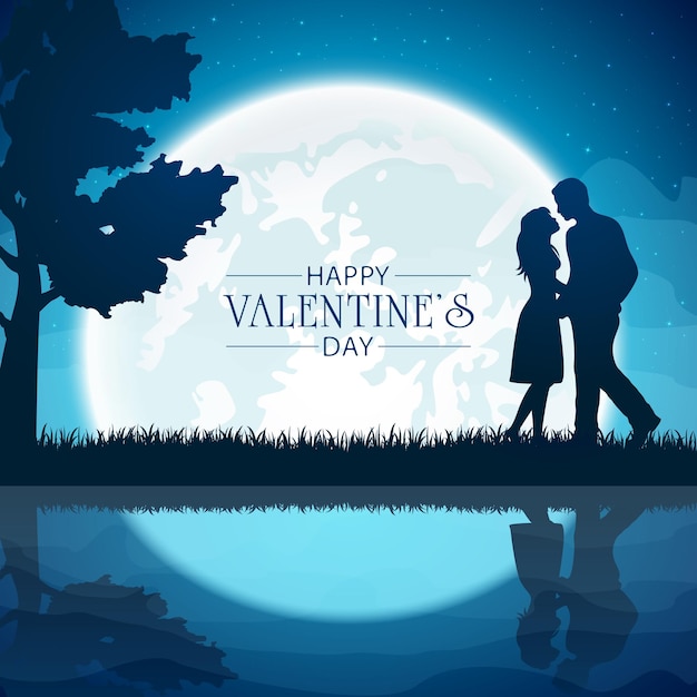 Napis Happy Valentine's Day z miłości para i księżyc na tle nocnego nieba. Walentynki ilustracja z mężczyzną i kobietą może służyć do projektowania wakacji, plakatów, kart, stron internetowych, banerów.