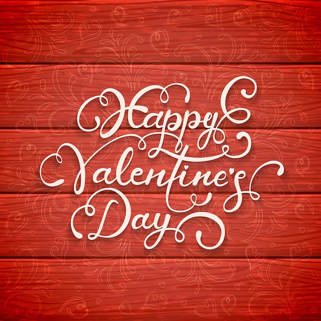 Napis Happy Valentines Day Z Serca I Elementy Dekoracyjne Na Czerwonym Tle Drewnianych, życzenia świąteczne, Ilustracja.