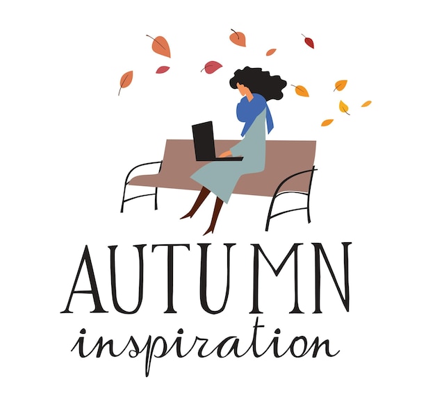 Napis Jesienna inspiracja Elegancka kobieta w płaszczu siedzi na ławce na ulicy i pisze na komputerze