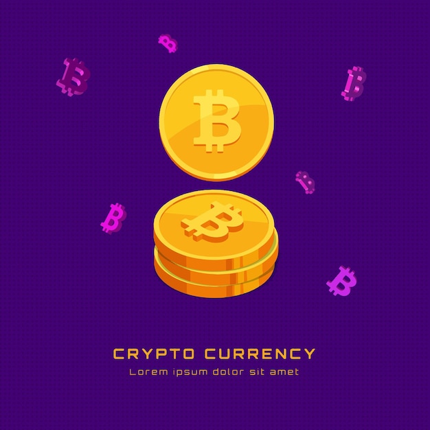 Napis kryptowaluta i monety bitcoin w stylu izometrycznym na tle latających znaków objętości bitcoin