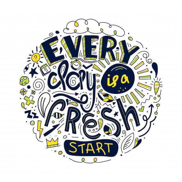 Napis Motywuje Motywację Każdy Dzień To Nowy Początek. Doodle Inspirujący Cytat