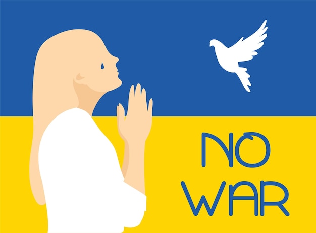 Napis „no War” Sylwetka Modlącej Się Kobiety Z Narodową Flagą Ukrainy W Tle