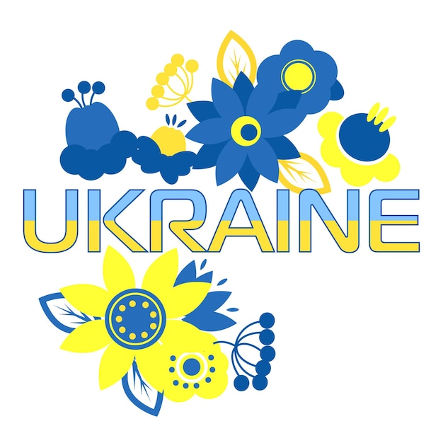 Napis Ukraina i ukraińskie etniczne kwiaty w kolorach flagi