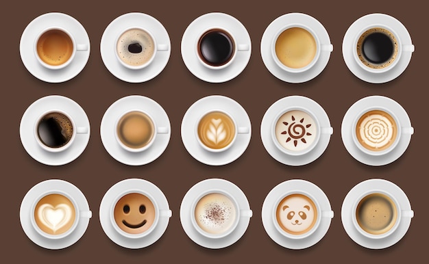 Napoje kawowe Espresso pianka widok z góry cappuccino americano różne napoje przyzwoity wektor na białym tle realistyczny zestaw ilustracji