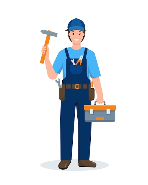 Napraw człowieka w niebieskim mundurze z ilustracją w stylu kreskówek z narzędziami do pracy