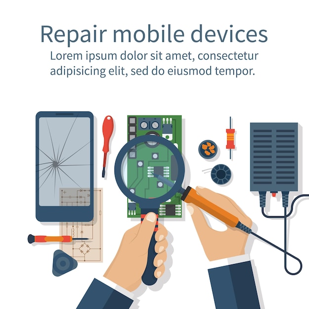 Plik wektorowy napraw telefon komórkowy technicy pracujący z elektroniką biurko z narzędziami do serwisu