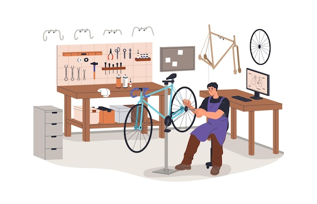Naprawa rowerów w profesjonalnym warsztacie Mechanik naprawiający uszkodzony rower Pracownik w garażu serwisowym Naprawiciel z uszkodzonym pojazdem Płaska ilustracja wektorowa izolowana na białym tle