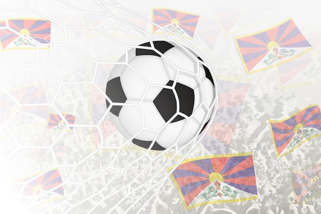 Plik wektorowy narodowa drużyna piłkarska tybetu zdobyła bramkę piłka w siatce bramkowej, podczas gdy kibice piłki nożnej machają flagą tybetu w tle