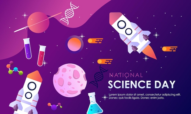 Plik wektorowy narodowy plakat dnia nauki z rakietą i planetą.