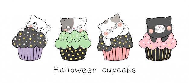 Narysuj Czarnego Kota śpiącego Na Cupcake. Na Halloween.