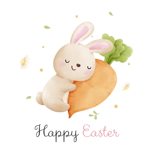 Plik wektorowy narysuj ilustrację wektorową charakter r słodki królik przytulający marchewkę na wielkanoc wiosna karta zaproszenia plakat szablon akwarelowy