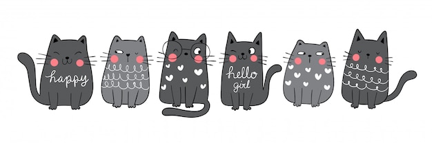 Narysuj Kolekcję Zabawny Czarny Kot Doodle Styl Kreskówkowy