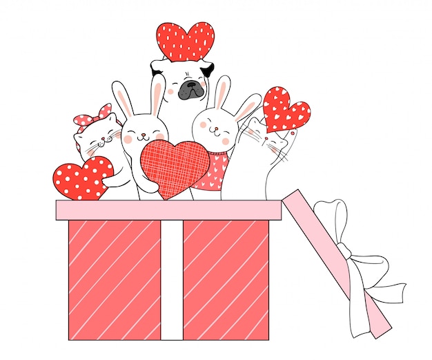 Narysuj Słodkie Zwierzę W Pudełku Na Walentynki.