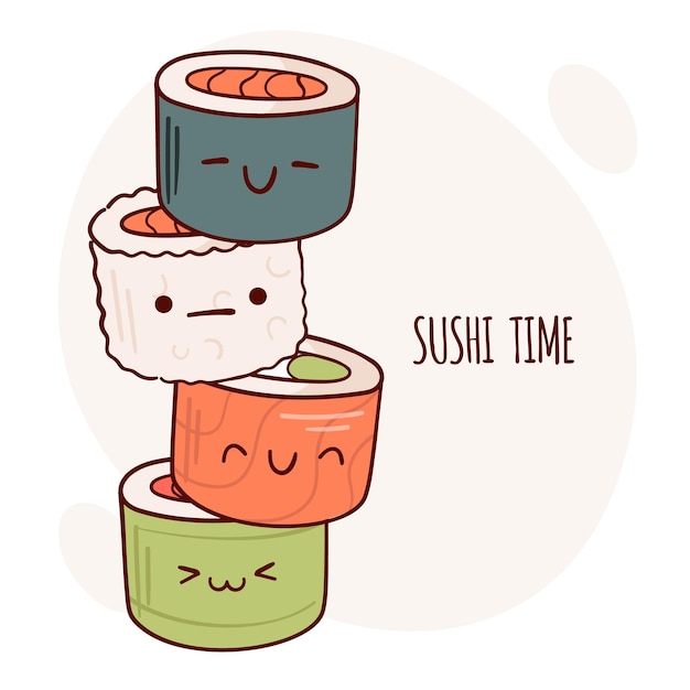 Narysuj śmieszne Kawaii Sushi Roll Ilustracji Wektorowych Japońskie Azjatyckie Tradycyjne Jedzenie Gotowanie Koncepcja Menu Doodle Stylu Cartoon