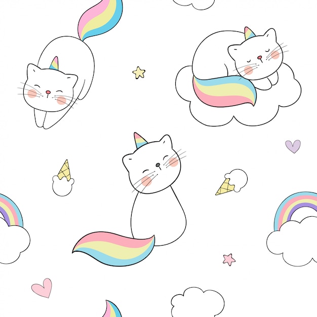 Narysuj wzór caticorn z chmurami i tęczą.