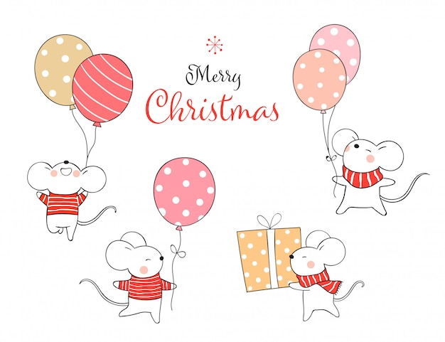 Narysuj Zestaw Szczura Trzymającego Balon Na Boże Narodzenie I Nowy Rok.
