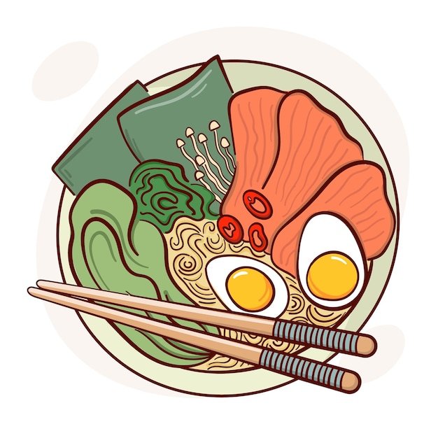 Plik wektorowy narysuj zupę ramen w ilustracji wektorowych miska japońskie azjatyckie tradycyjne jedzenie koncepcja menu gotowania doodle styl kreskówki