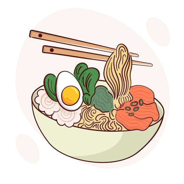 Plik wektorowy narysuj zupę ramen w ilustracji wektorowych miska japońskie azjatyckie tradycyjne jedzenie koncepcja menu gotowania doodle styl kreskówki