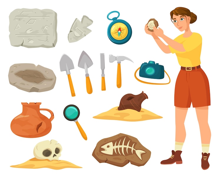 Wektor narzędzia i sprzęt archeologiczny z kreskówek, starożytne artefakty i skamieniałości. archeolog w pracy, zestaw elementów wyprawy archeologicznej. kobieca postać badająca kości, koncepcja wykopalisk
