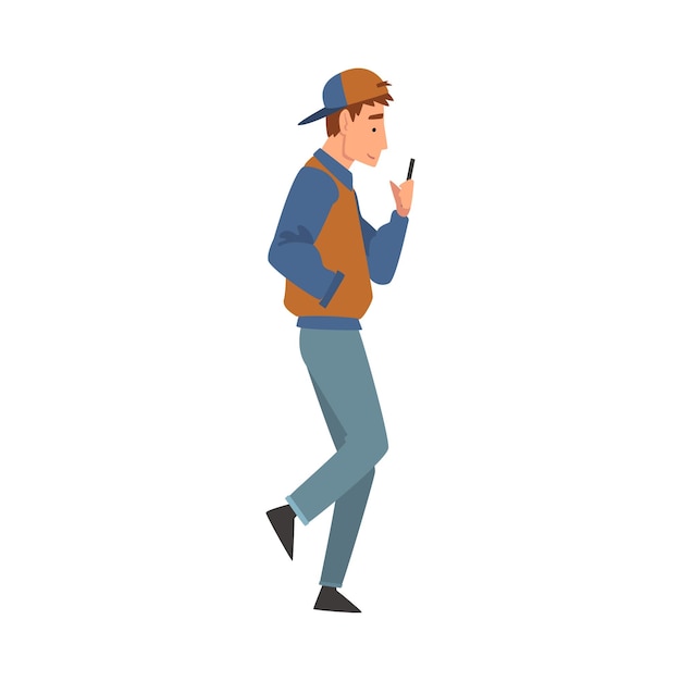 Nastolatek idący na zewnątrz Facet patrzący na swój smartfon Osoba używająca cyfrowego gadżetu do komunikacji internetowej Ilustracja wektorowa