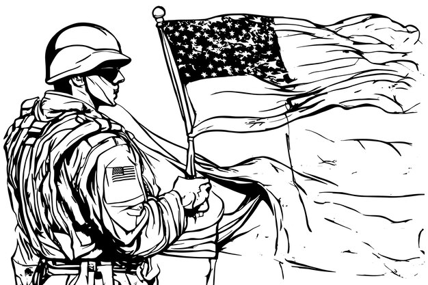 Naszkicuj Szczęśliwy Dzień Pamięci, Pamiętaj I Uhonoruj Sylwetkę żołnierza Trzymającego Amerykańską Flagę