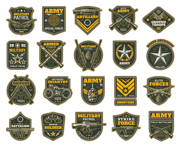 Plik wektorowy naszywki wojskowe i wojskowe lub szewrony dla snajperów, strzelców, piechoty zmotoryzowanej i sił elitarnych