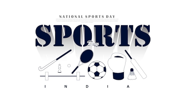 National Sports Day izolowany projekt hokeja, badmintona, kija do krykieta, piłki nożnej, podnoszenia ciężarów