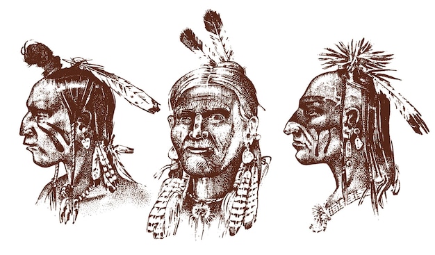 Plik wektorowy native american indian człowiek z nakrycia głowy i piór maskotka głowy północnej lub zachodniej sioux tradycyjnej kultury pół twarzy grawerowane ręcznie rysowane realistyczne w starym stylu vintage szkicu