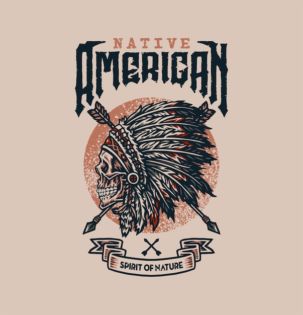 Native American T Shirt Projekt Graficzny, Ręcznie Rysowane Styl Linii Z Cyfrowym Kolorem