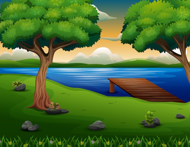 Plik wektorowy natura scena z drewnianym jetty na jeziornym tle