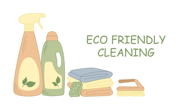 Naturalne detergenty organiczne ściereczki z gąbki szczotki Przyjazne dla środowiska produkty do czyszczenia gospodarstwa domowego Zielone tło koncepcji czyszczenia