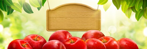 Naturalne świeże Jabłko Tło, Pyszne Owoce Z Pustą Drewnianą Płytą Na Białym Tle Na Zielonym Tle Bokeh, Ilustracja 3d