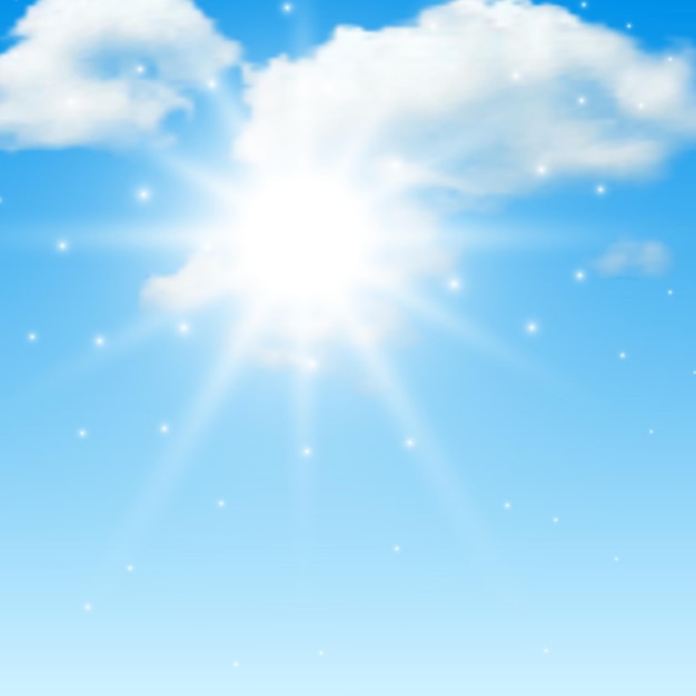 Plik wektorowy naturalne tło z chmurami i słońcem na błękitnym niebie. realistyczna chmura na niebieskim tle. ilustracja wektorowa
