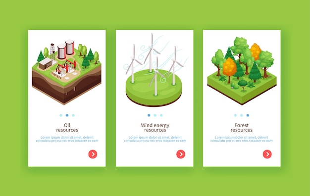 Naturalne Zrównoważone Zasoby środowiskowe 3 Pionowe Banery Internetowe Z Olejem Wiatrowym Energii Drewna Zielonym Tłem