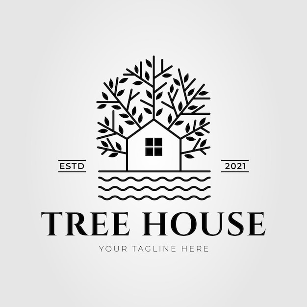 Naturalny Domek Na Drzewie Na Projekcie Ilustracji Wektorowych Logo Nad Jeziorem