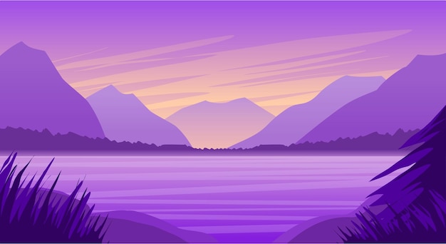 Plik wektorowy naturalny krajobraz jeziora i wzgórz fioletowe tło ilustracji