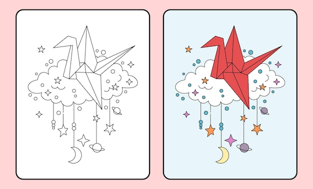 Plik wektorowy naucz się kolorowania dla dzieci i szkoły podstawowej z czerwonym księżycem origami i gwiazdami