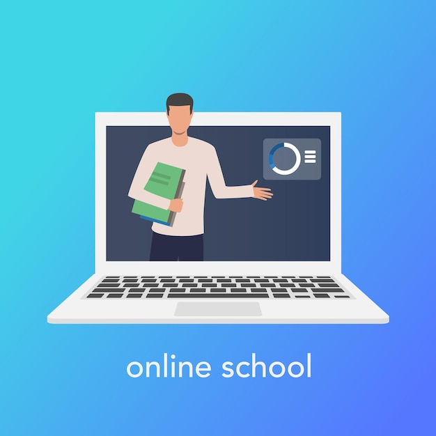 Nauczanie online koncepcja szkoły online Wektorowy laptop na niebieskim tle