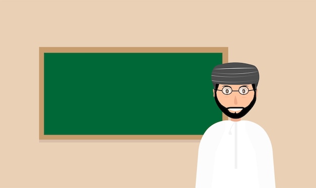 Nauczyciel arabskiego z Omanu stoi przed tablicą