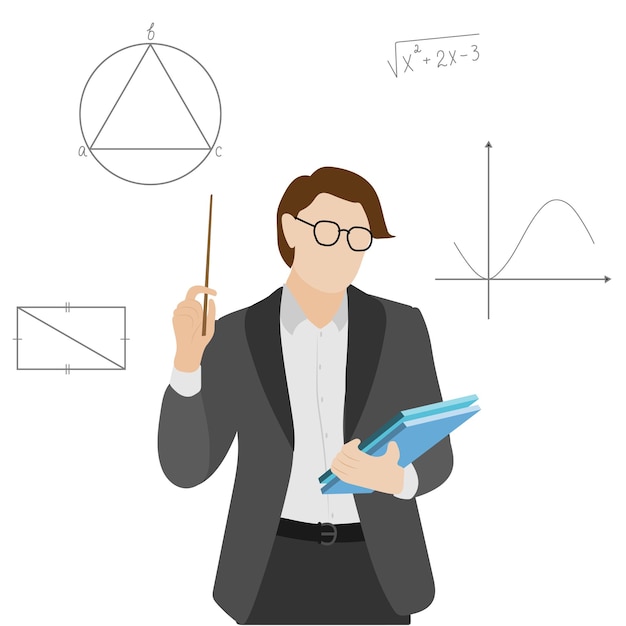 Plik wektorowy nauczyciel matematyki w pobliżu tablicy przykład algebry wyjaśniony przez ucznia