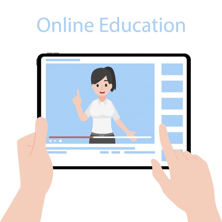 Nauczyciel online na tablecie monitoruje nauczanie edukacji, koncepcja kształcenia na odległość w telewizji.