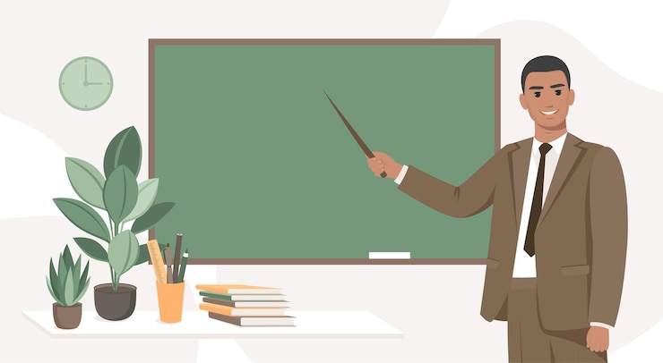 Wektor nauczyciel płci męskiej stojący przy tablicy w klasie pojęcie edukacji i szkolenia