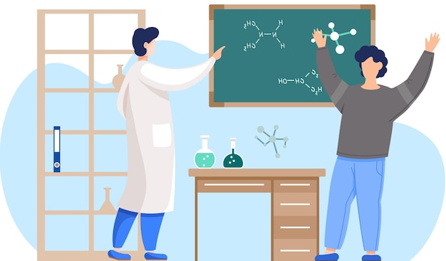 Plik wektorowy nauczyciel przedmiotów ścisłych profesor stojący z tablicą nauczania ucznia w klasie w szkole