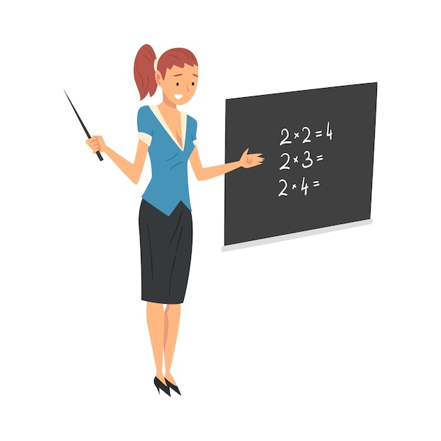 Plik wektorowy nauczycielka stojąca przy tablicy i wyjaśniająca ilustrację wektorową lekcji matematyki